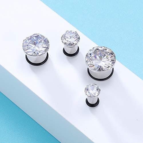 PunkTracker Pair Clear CZ Zirconia Prong Set Ear Plugs Gauges Stainless Steel with Silicone O-Ring Stretcher Expander — view 3