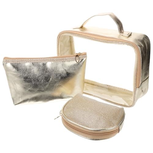 Hoement Travel Makeup Pouch Set of 3, Gold Cosmetic Bag Vanity Case Large Capacity, Portable Toiletry Organizer for Women, Suitable for Travel and Daily Use