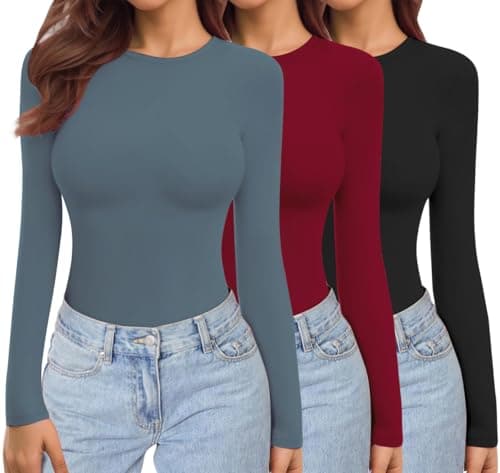 Ekouaer Womens Long Sleeve Tops Thermal Tee Black+Red+Navy Blue M