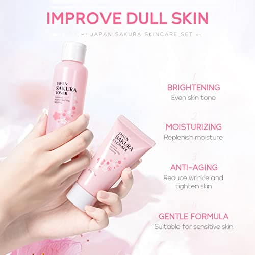 Japan Sakura kin Care Sets & Kits 8PCS-Facial Kit with Cleanser, Toner, Serum,Eye Cream,Face Moisturizer,Face Brush&Hair Clips - Hydrating Travel Beauty Gift Set for Women Teen Girls Mom (Sakura-8PCS) — view 2