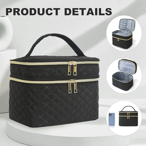 Double Layer Makeup Bag Cosmetic Bags for Women, Make Up Travel Bag - Black — view 5
