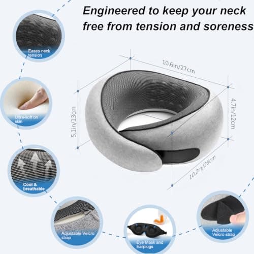 Sadaug G-Shape Memory Foam Travel Pillow Super Comfort Neck Pillow Airplane 360°Support | Complete Sleep Kit: Eye Mask, Ear Plugs & Carry Bag | Lightweight Airplane Pillow for Home, Car & Travel(Gray) — view 5