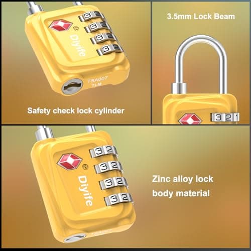 TSA Luggage Locks, [3 Packs] Diyife Updated 4-Digit Security Padlocks with Code, Resettable Zinc Alloy Combination Padlocks, Small Travel Locks Padlocks for Luggage Suitcases Bag Case (Yellow) — view 4