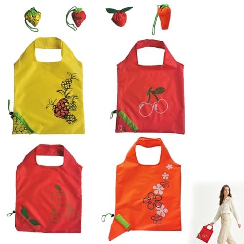 4Pack Foldable Reusable Shopping Bags Fruit Pattern Tote Bags with Drawstring Large Capacity Waterproof Machine Washable Grocery Bags Compact Portable for Travel Picnic Beach Gym Daily Use (B) — view 5