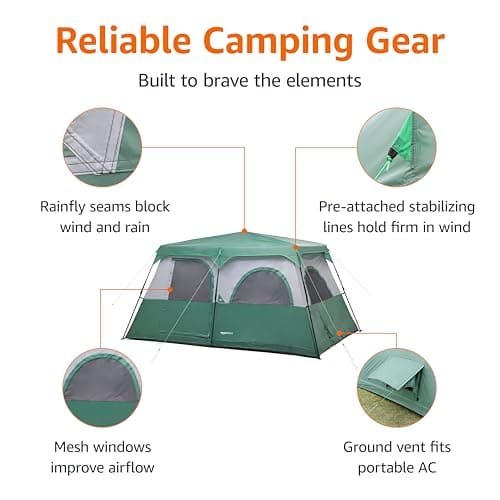 Amazon Basics 10-Person Instant Camping Tent with Rainfly, Pre-Attached Telescoping Frame, Weather-Resistant, Quick Setup, Mesh Windows, Room Divider, for Large Group & Family, Green, — view 2