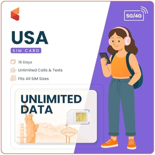 SimCorner USA Travel SIM – 16 Days Unlimited 5G/4G Data | 3-in-1 (Standard/Micro/Nano) | Unlimited Calls & Texts to US & Hawaii Mobiles & Landlines