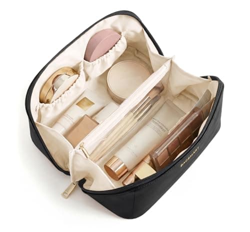 BAGSMART Large Travel Makeup Cosmetic Bag, Lay Flat, Clear Brush Pocket