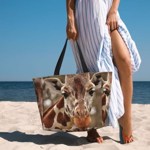 AACPPB Warm Rust Giraffe Printed Oversized Beach Tote, Multi-Pocket Travel Bag, Lightweight Waterproof Pool Handbag — view 2