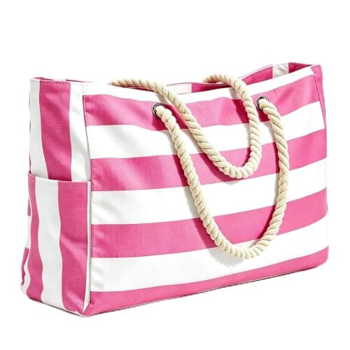 LPVVPEZ Large Beach Bag for Women with Zip, Waterproof Foldable Tote, Extra Big Swimming Pool & Gym Bag with Rope Handle for Travel, Shopping, Picnic（Pink）