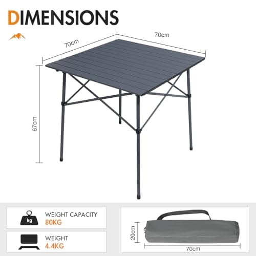 Portal Aluminium Folding Camping Table 70x70cm Square Roll Up Top 4 Person Compact Garden Table with Carry Bag for Picnic Camp Backyard BBQ — view 2