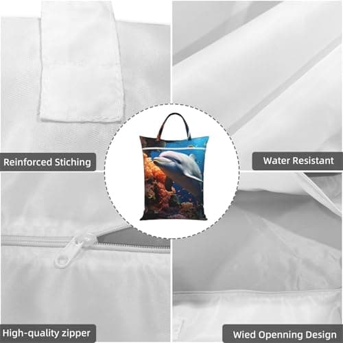 Dolphin On Coral Travel Laundry Bag for Dirty Clothes 1 PC, Foldable Waterproof Washable Wet Dry Bag with Handle Zippered Hanging Laundry Hamper for Travel, Gym, Swimming Pool — view 5