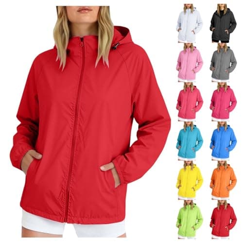 Lightweight Waterproof Jacket Womens Hooded Windbreaker Rain Coat,Outdoor Long Sleeve Softshell Jackets Ladies Sun Protection Full Zip Raincoat for Beach Hiking & Travel Red, M
