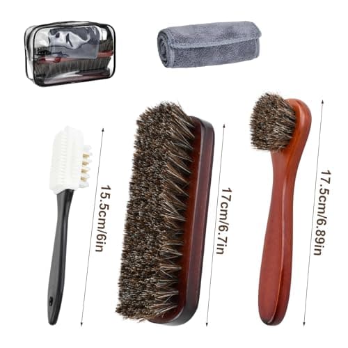 Focenat 5 Piece Shoe Brush Set, Horsehair Brush for Shoe Shine Polish Buff, Leather Cleaning Kit with Dauber Applicator and Microfiber Cloth, Wooden Handle for Boots Bags, Portable Carry Bag — view 2