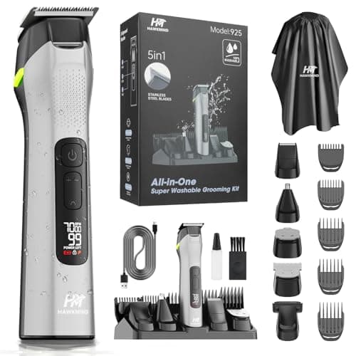 HAWKMIND 5-in-1 Beard Trimmer for Men, Mens Grooming Kit with Hair Clipper, Nose Hair Trimmer, Body Hair Trimmer & Stubble Trimmer, Stainless Steel Blades, 100% Washable, USB-C Rechargeable, LCD