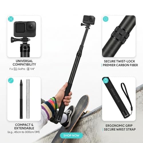 3m 9.8ft Carbon Fiber Invisible Selfie Stick for Insta360 ONE X6 X5 X4 X3 X2 RS Extended Long Pole for Insta 360 Panoramic Camera (Black) — view 5