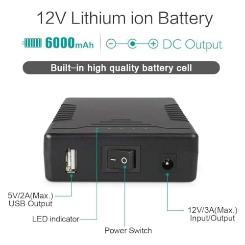 TalentCell Rechargeable 36W 12V/6000mAh 5V/12000mAh DC Output Power Bank Pack for LED Strip, Tape Light, CCTV Camera and more, Black — view 2