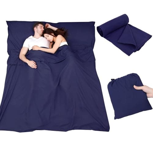 Plliocse Sleeping Bag Liner Travel Sheet Sleeping Bag, Double Size 160 x 210 cm Sleeping Bags Liners with Pillow Pockets for Adults, Travel, Hotels, Business Trip, Camping (Navy Blue, 160cm x 210 cm)