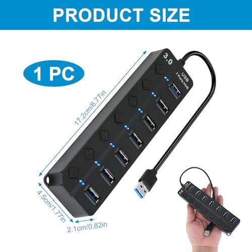 7 Port USB Hub 3.0, Multi USB Port Hub with Individual Power Switches and Led Indicators, High-Speed Multi Usb Port Splitter Adapter for PC, Laptop, Flash Drive, Keyboard, Mouse, Mobile, Usb Extender — view 2