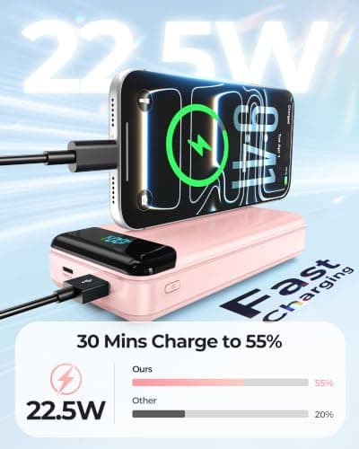 Power Bank 27000mAh,QC4.0 22.5W Fast Charging Portable Charger with Built-in 3 Cables, 4 Outputs & 3 Inputs Powerbank with LED Display for iPhone, Tablets and More Pink — view 3