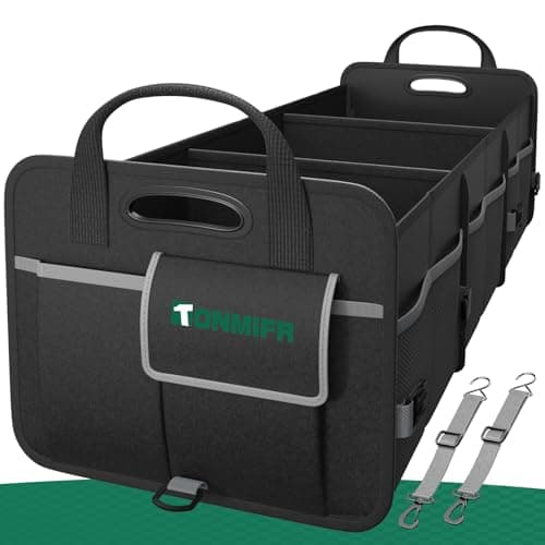 Tonmifr Heavy-Duty Car Boot Organiser & Multi-Compartment Storage Box for SUV/Hatchback/Estate, 600D Oxford Collapsible Tidy, 2 Securing Hooks & Reflective Strips - Large Capacity Organiser (92L)