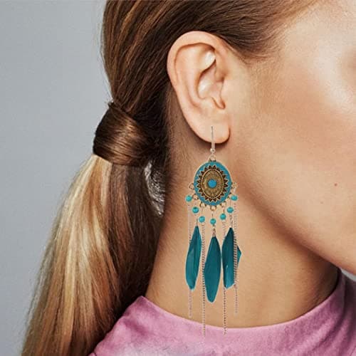 Bohend Boho Feather Tassel Earrings Gold Long Turquoise Earring Bohemia Travel Beach Bead Chain Ear Accessories for Women and Girls (Blue) — view 6