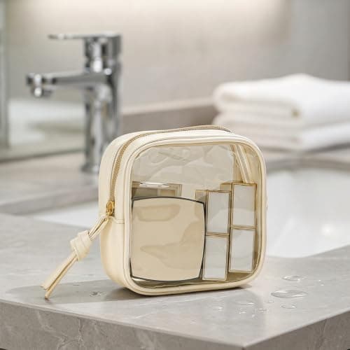 Clear Makeup Bag for Handbag, Small Makeup Bag for Women, Mini Makeup Bag, Waterproof Cosmetic Pouch, Travel Toiletry Organizer with Handle, Beige and Black — view 4