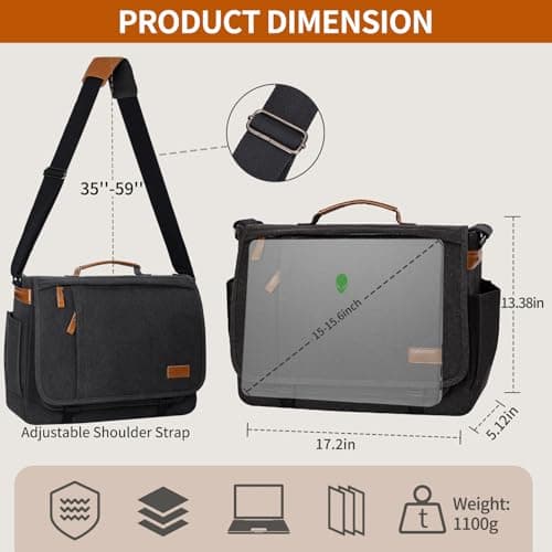 Estarer Laptop Messenger Shoulder Bag 17.3 Inch Mens Water Resistant Canvas Satchel Briefcase for Work Office(Dark Grey) — view 6