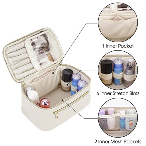 Travel Makeup Bag, Large PU Leather Cosmetic Case with Brush Compartment, Milky White — view 4