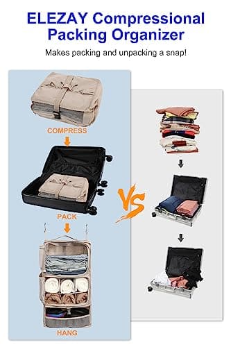 ELEZAY Hanging Packing Cubes Portable Closet 3-Shelf Travel Collapsible Compression Garment Organiser for Carry-on Luggage Suitcase Space Saver Bag X-Large_No Side Pockets, Beige — view 2