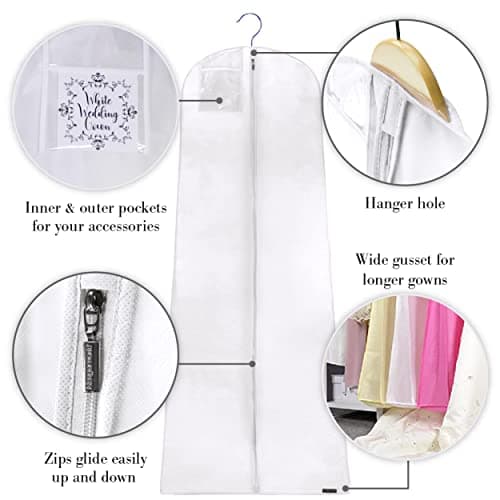 Hangerworld 72 Inch White Breathable Wedding Dress Bridal Gown Garment Cover Bag with Secret Internal Zipped Pocket (3) — view 3