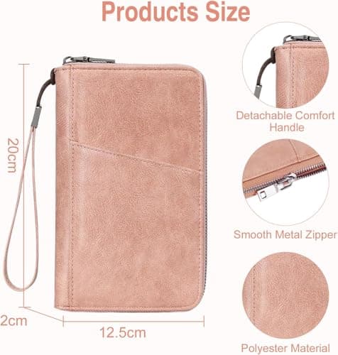 Apradas Passport Holder Travel Wallet for 3 Passport and Tickets, RFID Pink Passport Wallets Zipper, Bi-fold Travel Document Holder for Cards ID Window (Pink) — view 4
