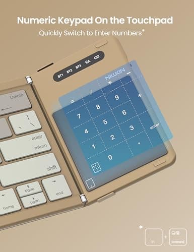 Nillkin Foldable Bluetooth Keyboard Folding with Touchpad & Number Pad, Portable Wireless Full Size Travel Keyboard with Trackpad for PC Laptop iPad Tablets Smartphone, Silicone Leather Cover, Khaki — view 6