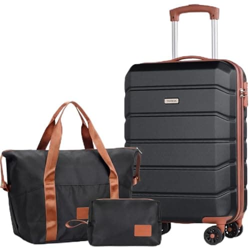 H.yeed Luggage Sets of 3 Piece, Lightweight Trolley Travel Suitcase Set ABS Hard Shell with 4 Spinner Wheels TSA Lock for Man Women, 21" + Duffels Bag & Toiletry Bag, Black