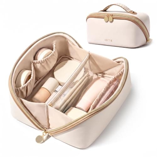 Prite Travel Makeup Bag Flat Lay Cosmetic Case with Brush Pocket, Beige, M