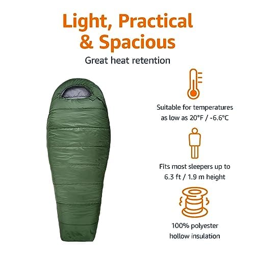 Amazon Basics Sleeping Bag for Cold-Weather Camping and Hiking, Lightweight, Mummy, Olive Green — view 3