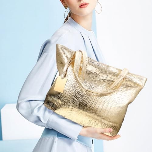 ABOOFAN Capacity Handbag Shoulder Shopping: Large Tote Bag for Women PU Laptop Handbag School Shoulder Bag Business Work Bag, Golden — view 3