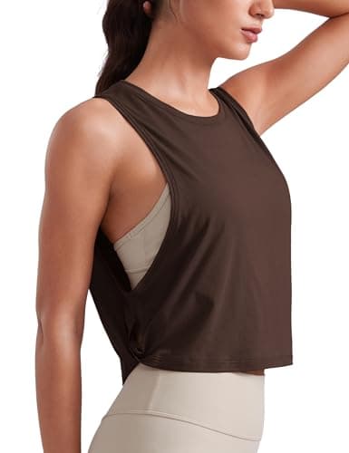 CRZ YOGA Pima Cotton Summer Gym Sleeveless Vest Tops for Women Light Elastic Running Crop Top Loose Crew Neck Yoga Shirt Hot Fudge Brown 14