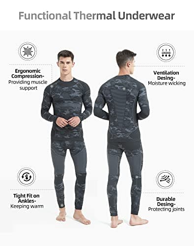 NOOYME Men's Thermals Base Layers Ski Compression Top & Bottoms Set Camo — view 2
