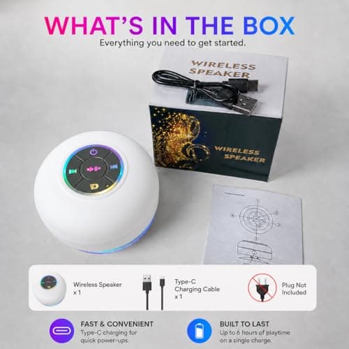 Bluetooth Shower Speaker with LED, Portable Wireless Mini Speaker (White) — view 3