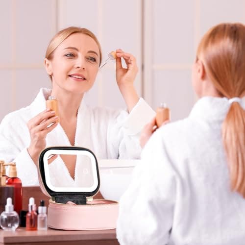 Extrei Gent Small Makeup Bag Travel Train Case with Mirror and Light Mini Travel Makeup Train Case Cosmetic Organizer 3 Adjustable Brightness Toiletry Bag Portable Artist Storage, Pink, S, Mini Ature — view 6