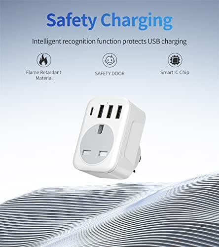 FSTravelP UK to US Plug Adapter with 4 USB Ports US Travel Adapter with 3 USB A & Type C Wall Plug USA Plug Adaptor UK to USA Travel Plug Trip to US Canada Mexico Thailand and More(Type B) — view 6