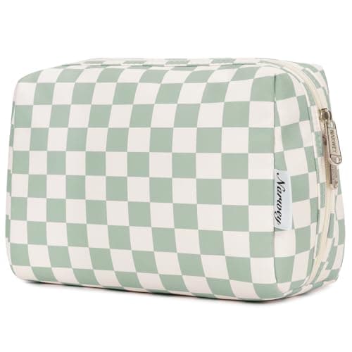 Large Makeup Bag Zipper Pouch Travel Cosmetic Organizer for Women (Mint Green Checkerboard, Large)