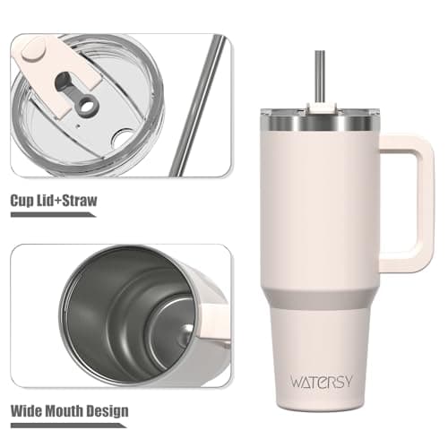 WATERSY Travel Mug Coffee Cup 30oz Tumbler Straw Lid and Handle, Stainless Steel Double Wall Vacuum Insulated Coffee Water Bottle Thermal for Cold Hot Coffee 891ml Ivory Beige — view 2