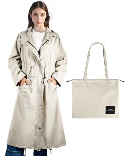 SOPPY Women's Long Waterproof Raincoat, Lightweight Hooded Rain Jacket, Beige, XL