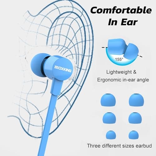 MOXKING Wired Tangle Free Earphones With for kids women small ears, Comfortable and Lightweight Flat Cable Ear bud with Microphone and Volume Control for Cell Phone Laptop (Blue) — view 3