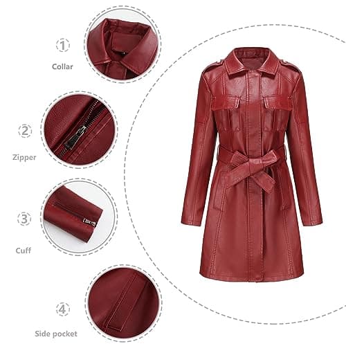 QLXYYFC Comfortable Soft Warm Women's Leather Jacket Classic Long Windbreaker Autumn Winter Coat with Loose Belt Zipper Cuffs (Color : Red, Size : L) — view 4