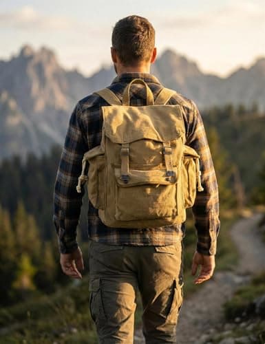 Vintage Canvas Backpack Webbing Rucksack 100% Cotton Army Style Satchel with Side Pockets - Work Travel School Bag - Khaki Beige — view 4
