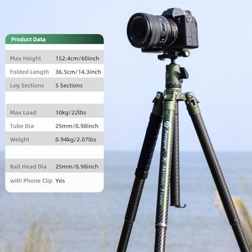 Fotopro 62 Inch Carbon Fiber Tripod for Camera Ultralight Travel Camera Tripod Max Loads Up 22lbs X-Aircross 3 Green — view 4