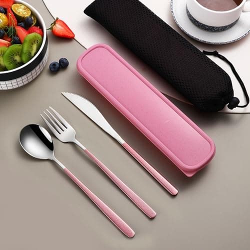 VANRA 3-Piece Portable Travel Utensils Set with Case 18/8 Stainless Steel Flatware Set Reusable Cutlery Set with Fork Spoon Knife for Lunch Travel Camping School Work Picnic (Pink) — view 3