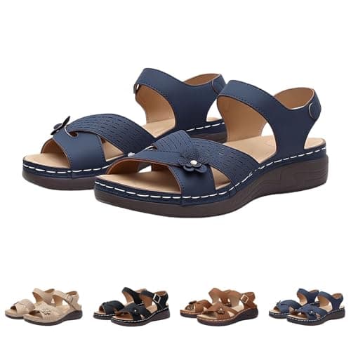 Orthopedic Sandals for Women UK Plantar Fasciitis Comfort Wedge Sandals Open Toe Ankle Strap Sandal Summer Wide Fit Cushion Walking Shoes Ladies Casual Summer Sandal with Arch Support 2-Navy, 5 — view 4